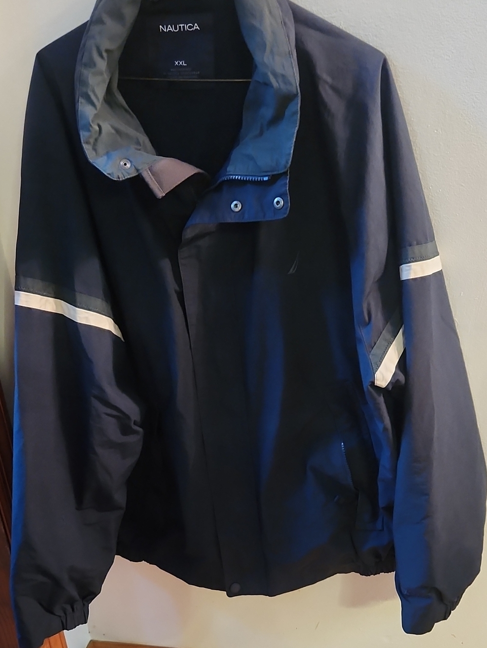Nautica Men’s Dark Navy Windbreaker with White Stripe Accents